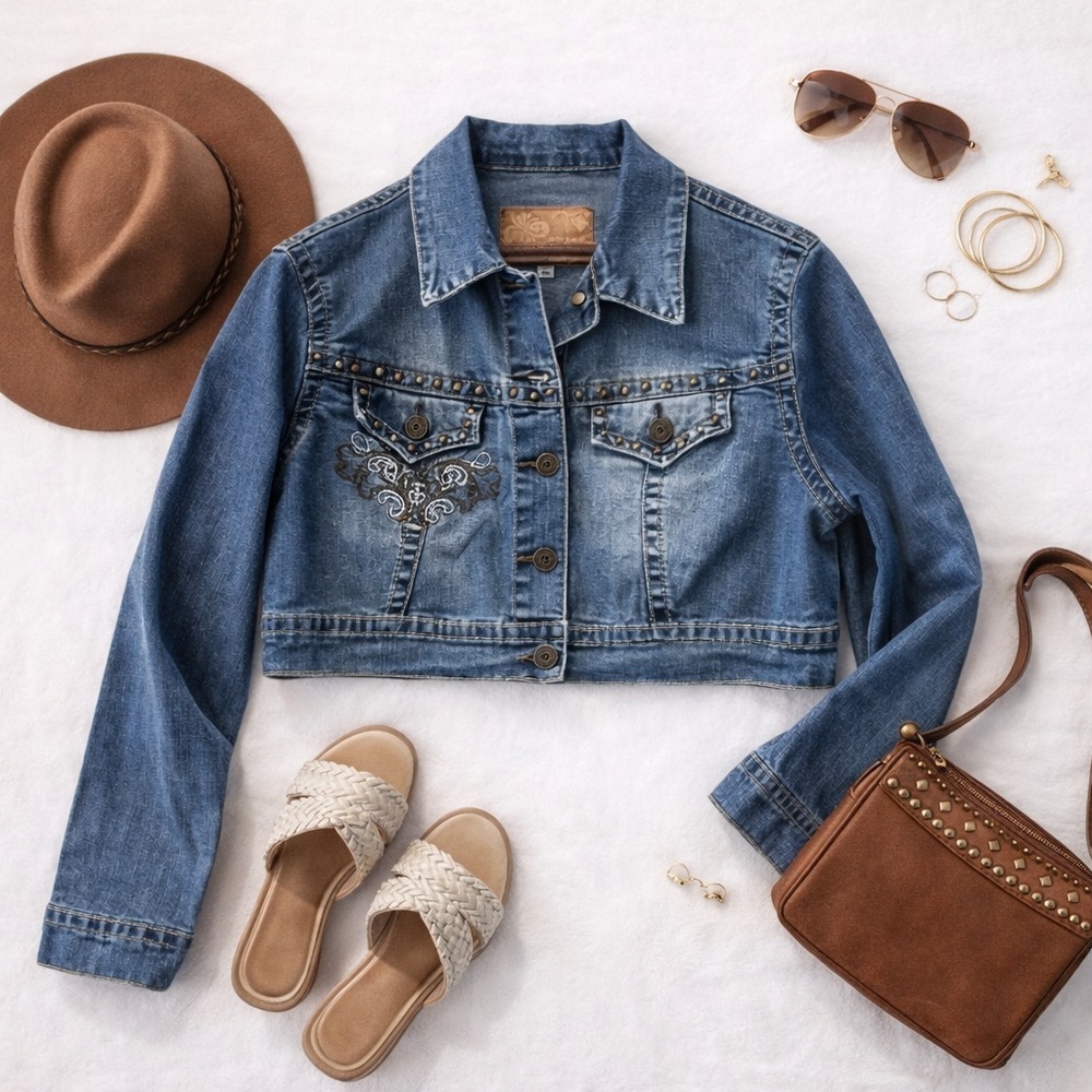 Crest Cropped Denim Jacket Studded Embroidered Boho Festival XL